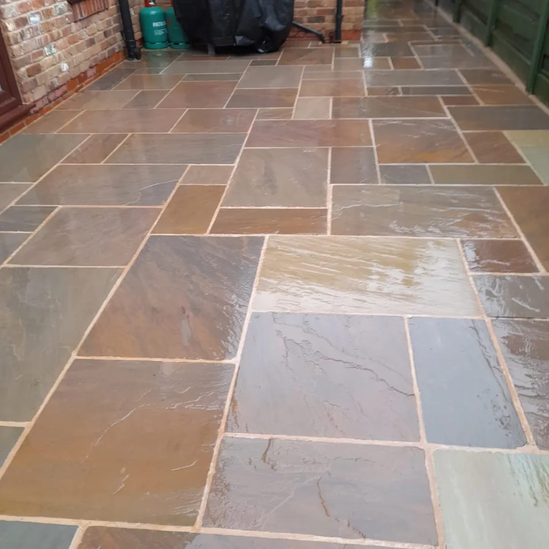Indian sandstone paving detail and natural stone patio finish in Jersey